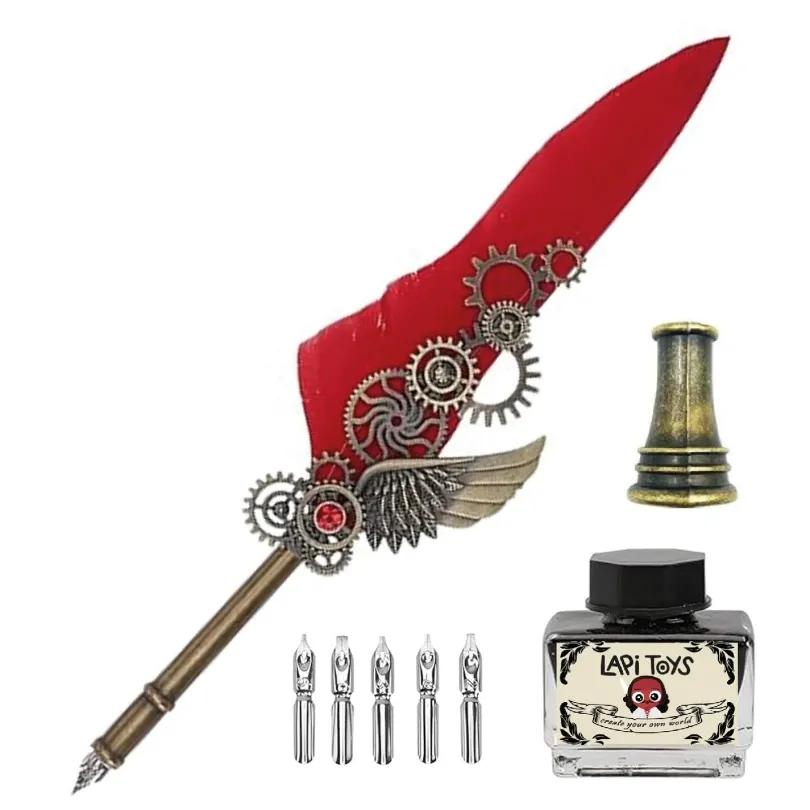 Antique Feather Pen Calligraphy Set Red