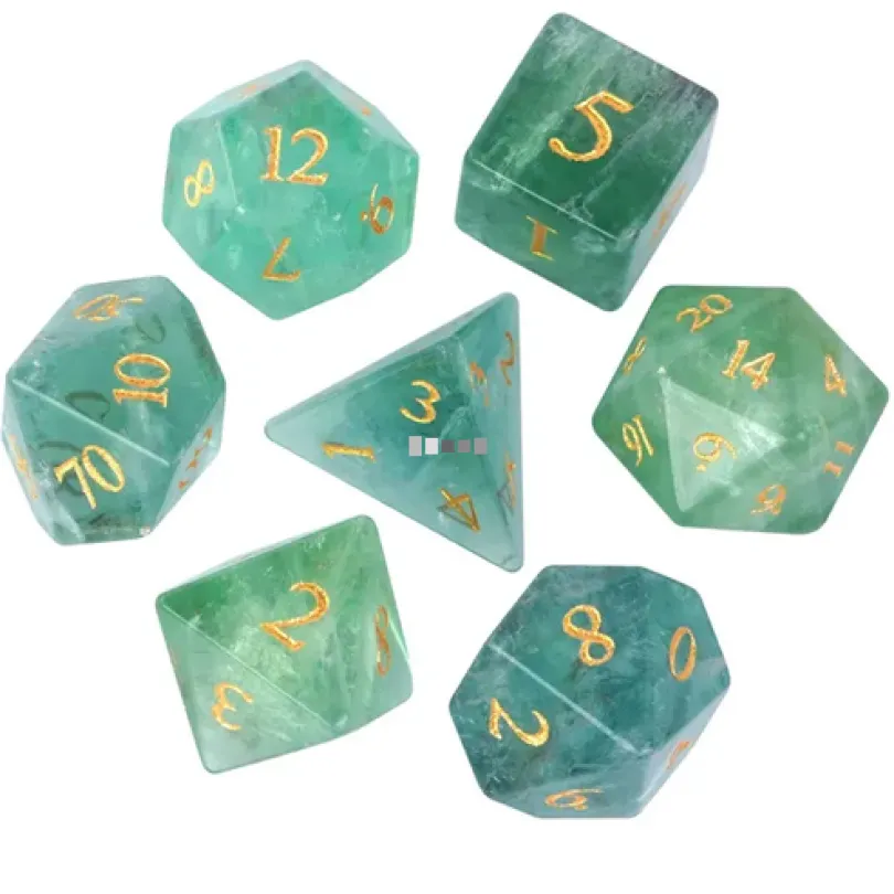 A Role Playing Dice Set - Amethyst Fluorite Crystal Gemstone with With leather Hexagon Box