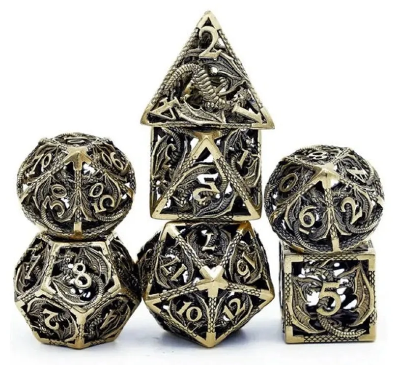 A Role Playing Dice Set Metallic Hollow Metal Dnd Dice Flying Dragon Brons