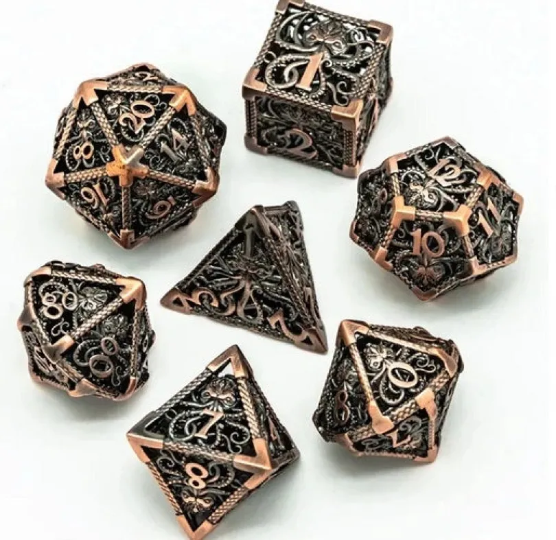 A Role Playing Dice Set Metallic Brons Hollow Metal Dnd Dice Cthulhu