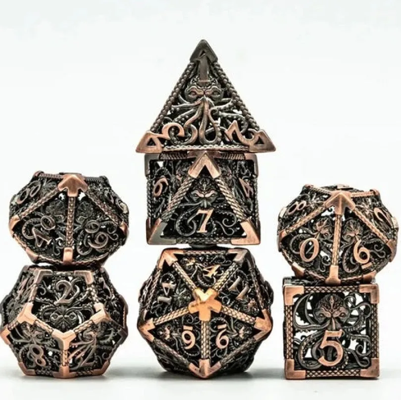 A Role Playing Dice Set Metallic Brons Hollow Metal Dnd Dice Cthulhu