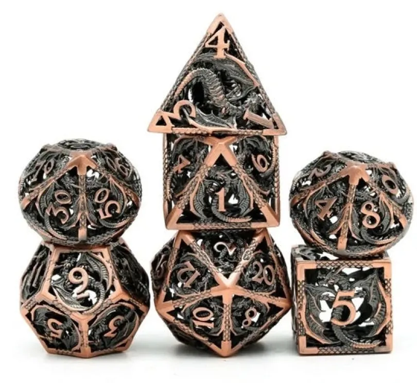 A Role Playing Dice Set Metallic - Hollow Metal DND Dice (Flying Dragon) Koppar