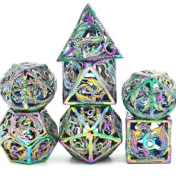 A Role Playing Dice Set Metallic Hollow Metal Dnd Dice Flying Dragon Rainbow