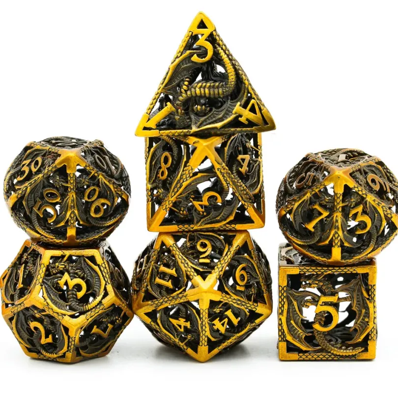 A Role Playing Dice Set Metallic Hollow Metal Dnd Dice Flying Dragon Gold