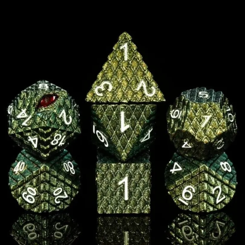 A Role Playing Dice Set Metallic Dragon Scale Gold Green Glitter