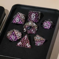 A Role Playing Dice Set Metallic Dragon Scale Dark Rose