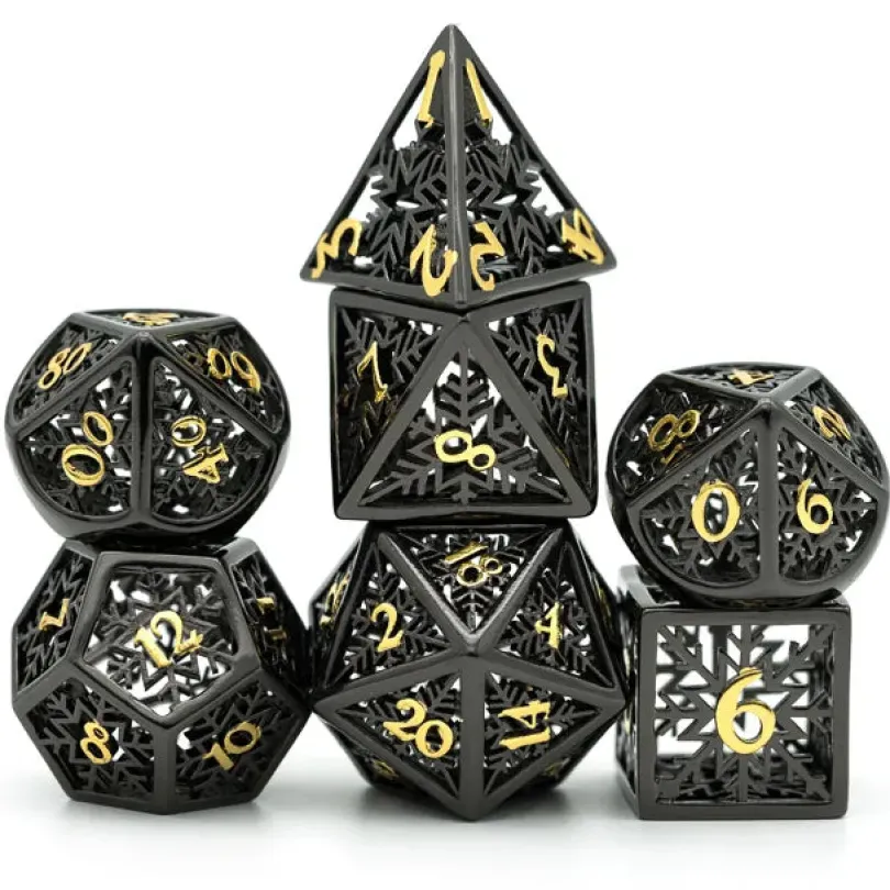 A Role Playing Dice Set Metallic - Hollow Metal DND Dice (Snowflake) Black