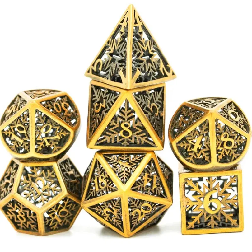 A Role Playing Dice Set Metallic - Hollow Metal DND Dice (Snowflake) Bronze