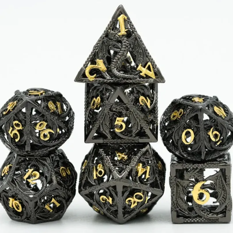 A Role Playing Dice Set Metallic - Hollow Metal DND Dice (Flying Dragon) Black