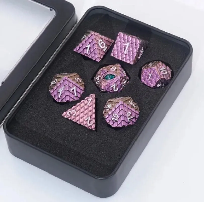 A Role Playing Dice Set Metallic Dragon Scale Rose Glitter