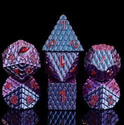 A Role Playing Dice Set Metallic Dragon Scale Blue Purple Shimmeringred Font
