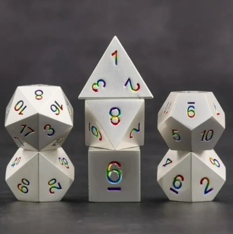 A Role Playing Dice Set Metallic - Silver Rainbow Numbers