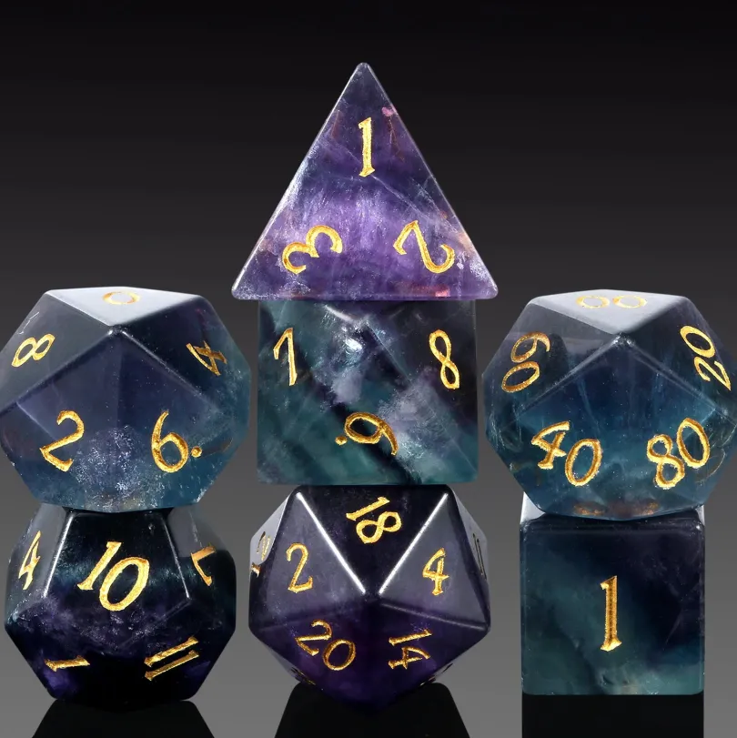 A Role Playing Dice Set - Obsidian Fluorite Gemstone Stone Dice
