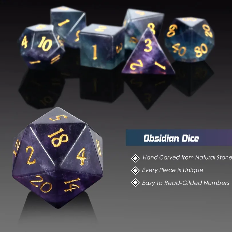 A Role Playing Dice Set - Obsidian Fluorite Gemstone Stone Dice