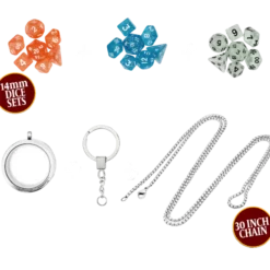 DICE LOCKET W NECKLACE & KEYCHAIN + 3 DND MINI DICE SETS | FANTASY JEWELRY