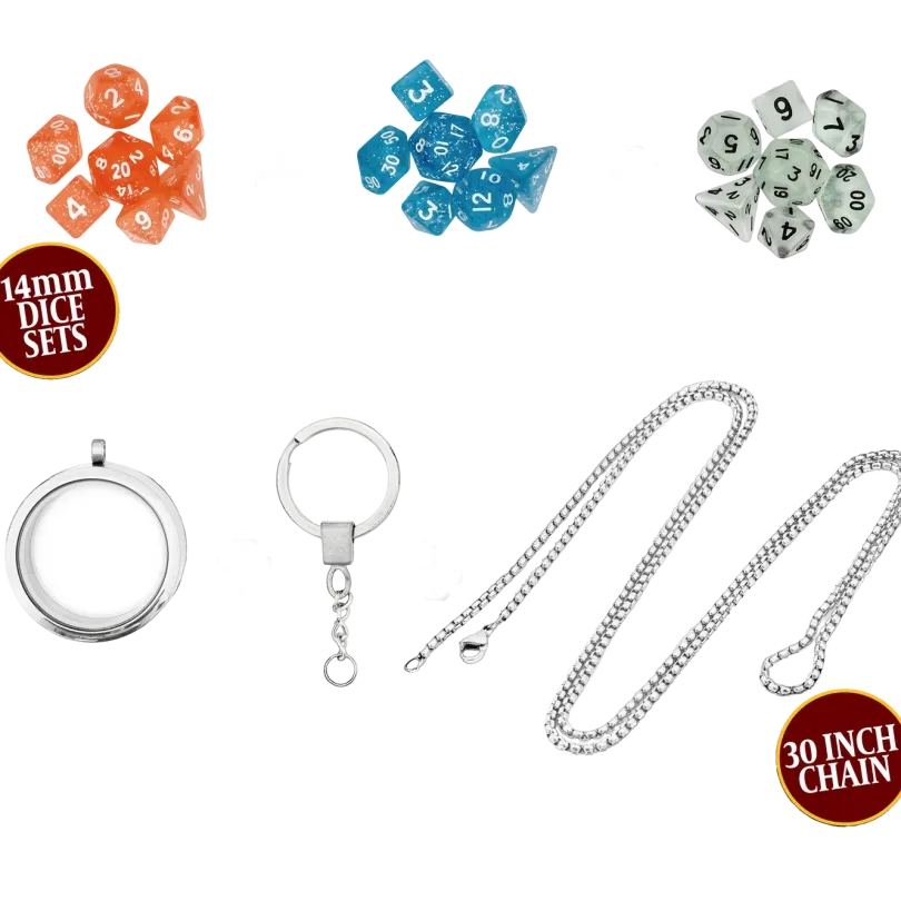 DICE LOCKET W NECKLACE & KEYCHAIN + 3 DND MINI DICE SETS | FANTASY JEWELRY