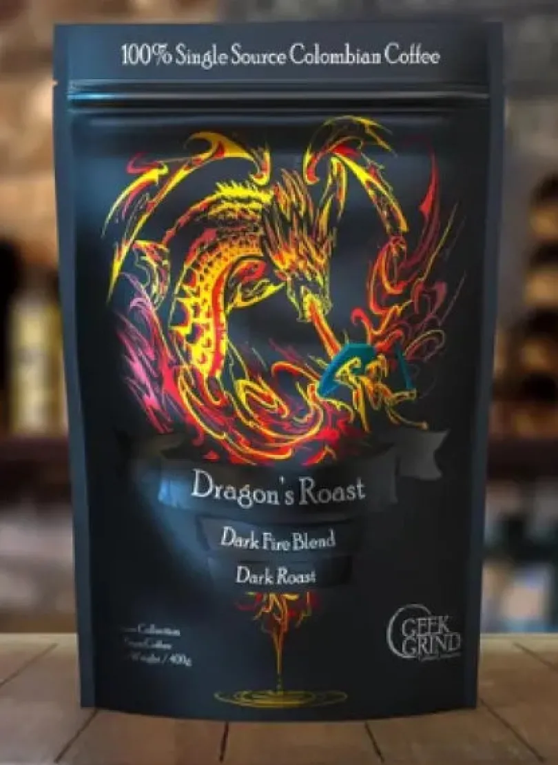 Geek Grind Coffee Dragon Roast Dark Fire Blend Whole Bean 12 oz