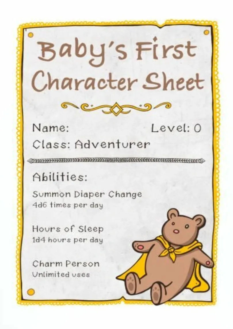 Gratulationskort - Baby’s First Character Sheet