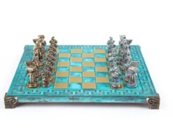 Spartan Warrior Chess set with blue/brown chessmen and Meander bronze chessboard 28 x 28cm (Small) Manopoulos