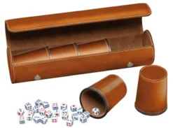 Synthetic leather dice cup set of 5 with case incl. 25 dice, brown (7996)