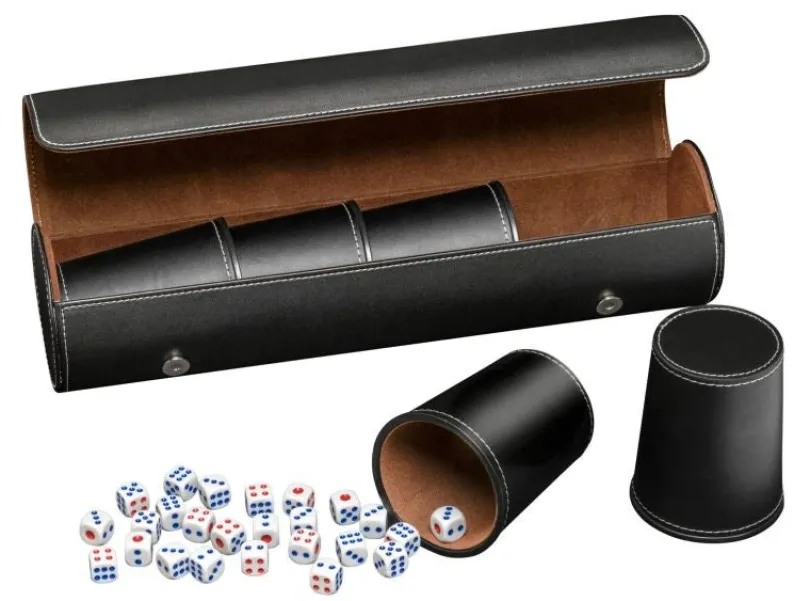 Synthetic leather dice cup set of 5 with case incl. 25 dice, black (7995)