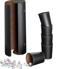 Synthetic leather dice cup set of 5 with case incl. 25 dice, black (7995)