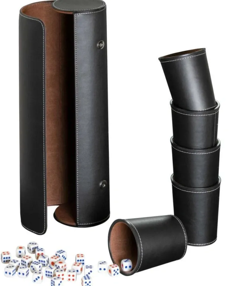Synthetic leather dice cup set of 5 with case incl. 25 dice, black (7995)