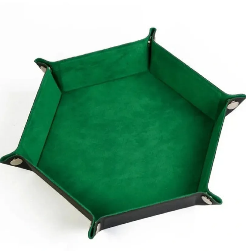 Velvet PU Leather Folding Hexagon Dice Tray - Mörk Grön