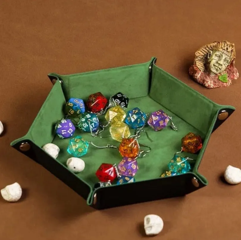 Velvet PU Leather Folding Hexagon Dice Tray - Ljus Grön